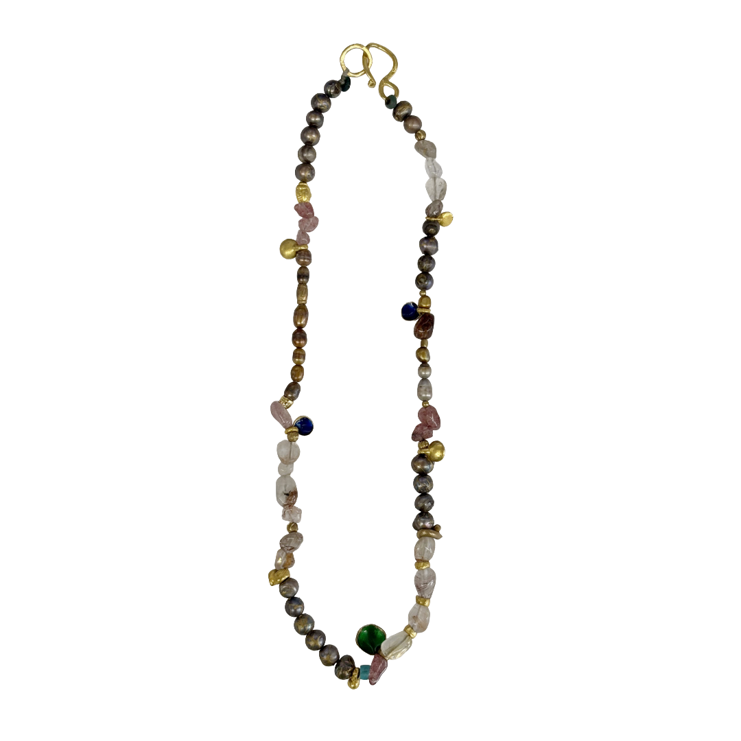 ARTIZ | ‘Mixed Media Necklace’- Enamel Cups | Pearl / amethyst / agate / turquoise / bronze + enamel