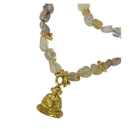 ARTIZ | 'Buddha Pendant Necklace | Gold plated Buddha  / bronze / fluorite / amethyst