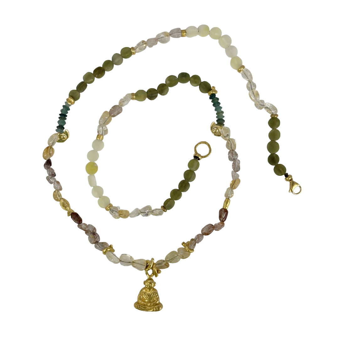 ARTIZ | 'Buddha Pendant Necklace | Gold plated Buddha  / bronze / fluorite / amethyst