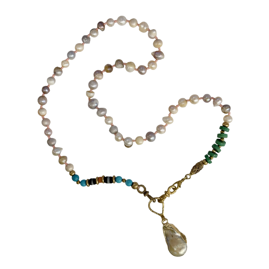 ARTIZ | 'Pearl Drop Necklace' | Waxed cord | Bronze / malachite / pearls