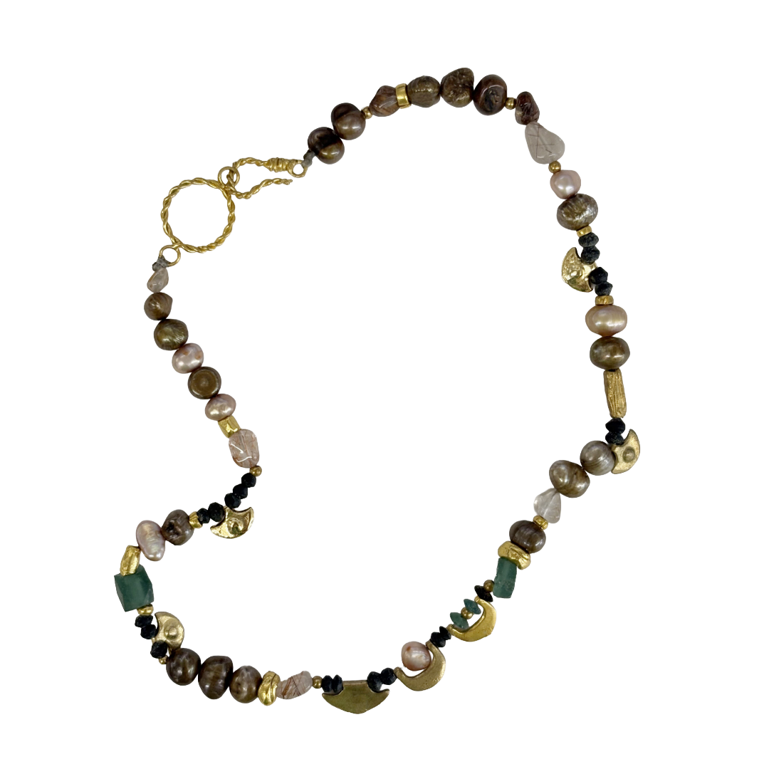 ARTIZ | ‘Mixed Media Necklace’- Bronze Charms | Pearl / mixed gemstone beads / bronze