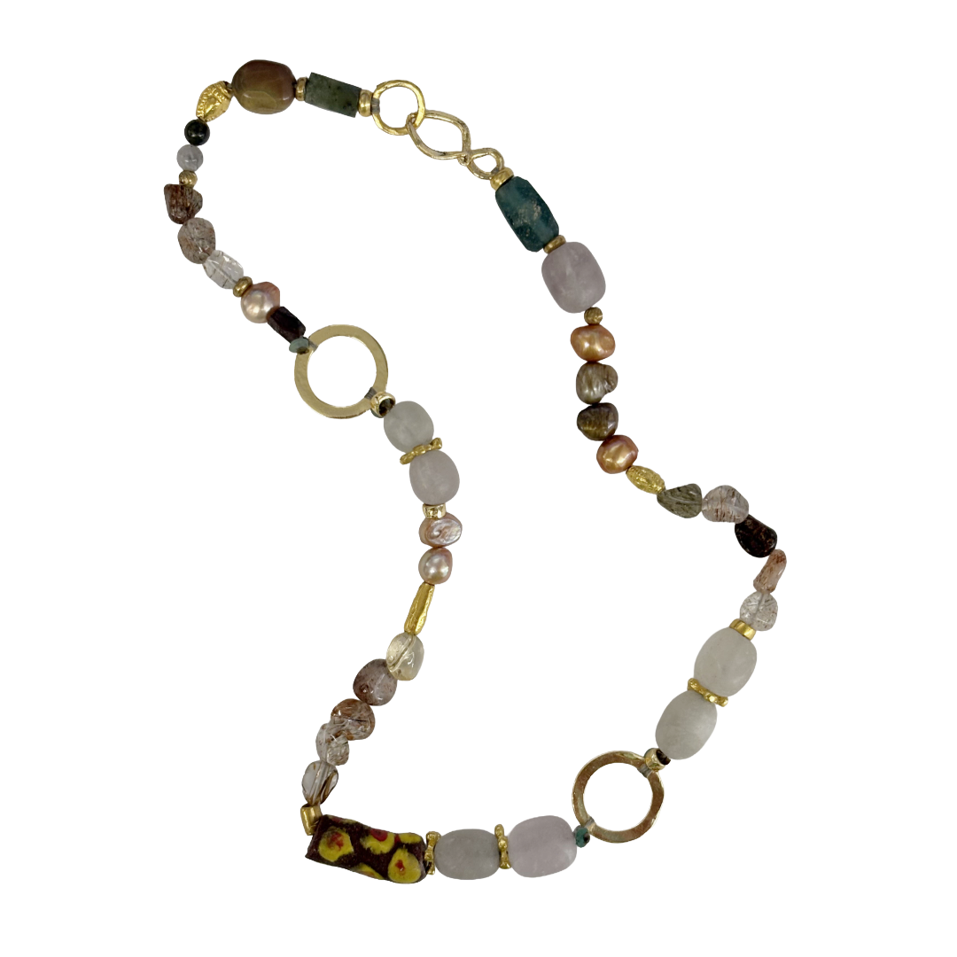 ARTIZ | ‘Mixed Media Necklace’- Bronze Ring Charm | Pearl / agate / quartz / African glass bead / bronze