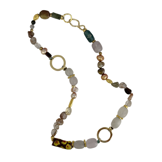ARTIZ | ‘Mixed Media Necklace’- Bronze Ring Charm | Pearl / agate / quartz / African glass bead / bronze