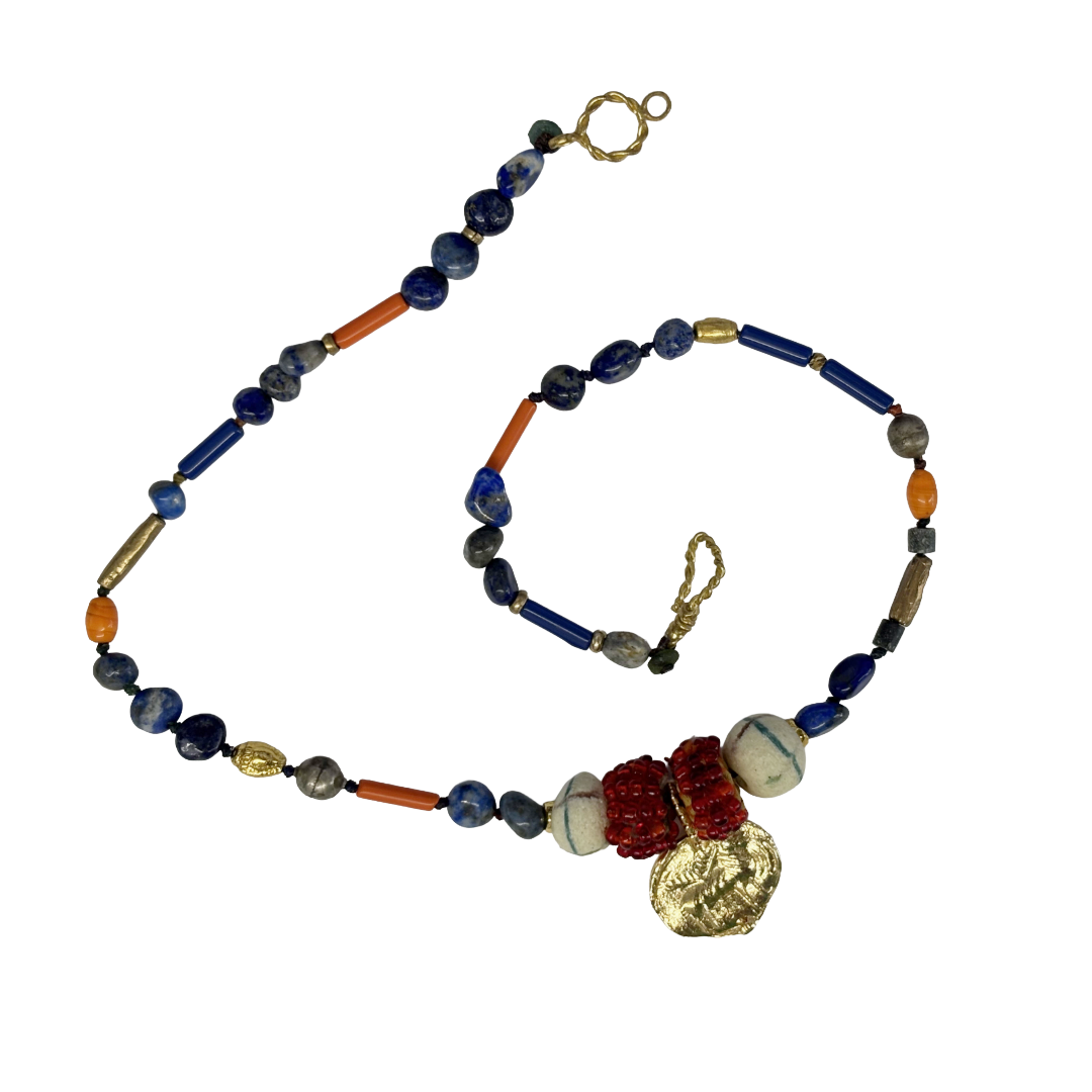 ARTIZ | ‘Mixed Media Necklace’- Bronze Pendant | Coral / lapis lazuli / glass beads / bronze