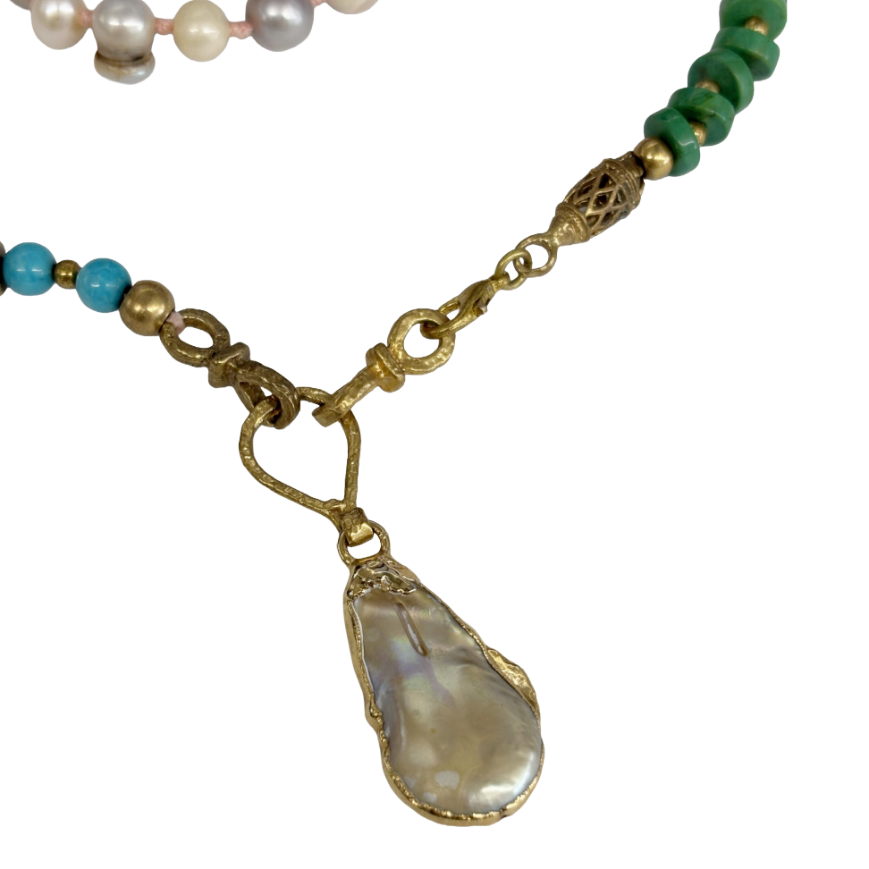 ARTIZ | 'Pearl Drop Necklace' | Waxed cord | Bronze / malachite / pearls