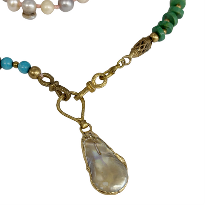 ARTIZ | 'Pearl Drop Necklace' | Waxed cord | Bronze / malachite / pearls