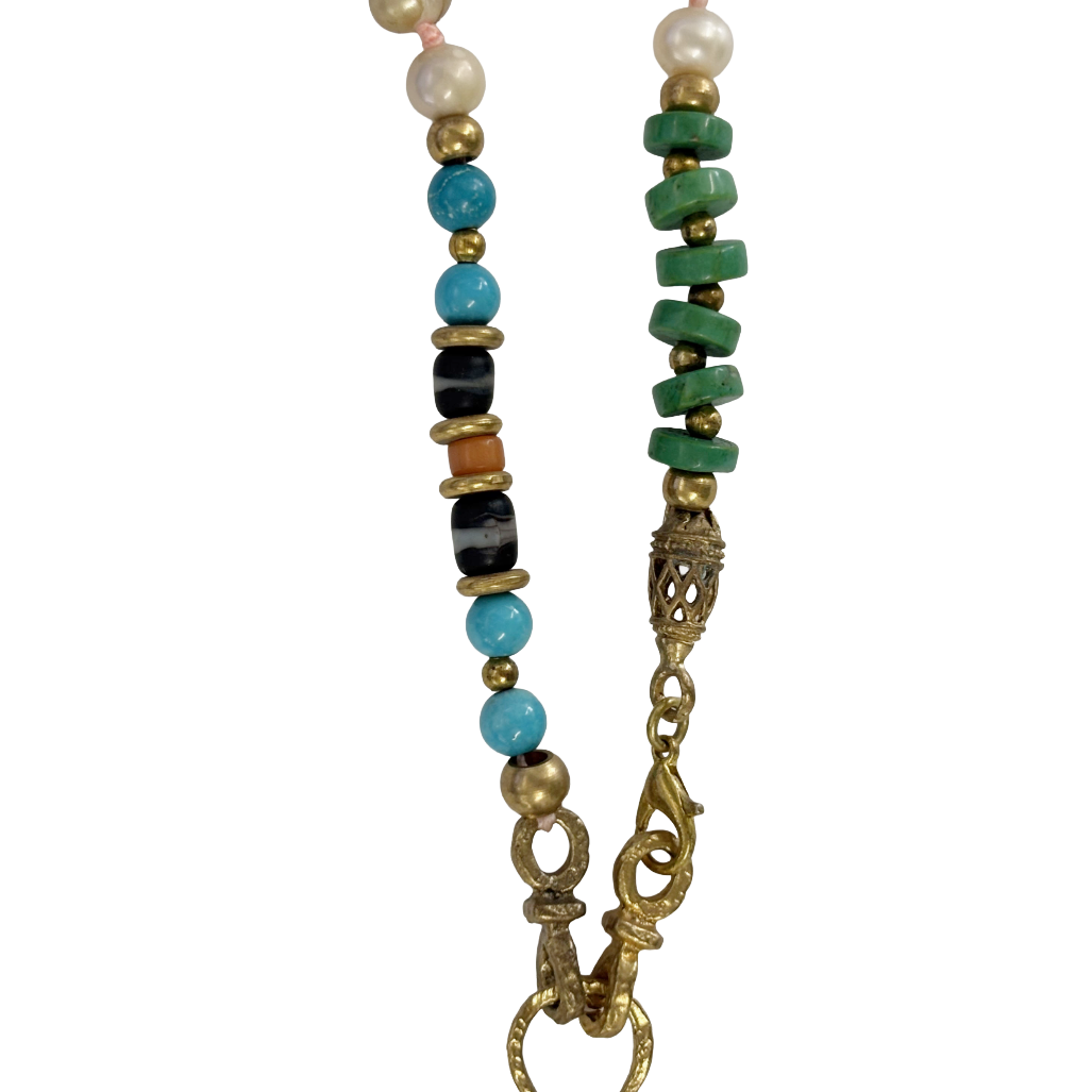 ARTIZ | 'Pearl Drop Necklace' | Waxed cord | Bronze / malachite / pearls