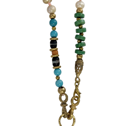 ARTIZ | 'Pearl Drop Necklace' | Waxed cord | Bronze / malachite / pearls