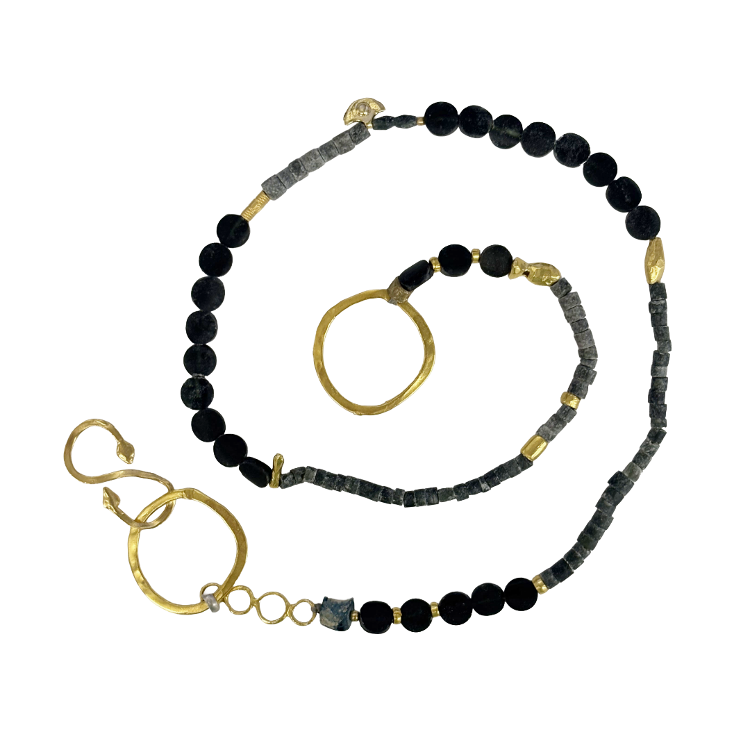 ARTIZ | 'Double Ring Necklace' | Mixed bead / labradorite / glass / bronze