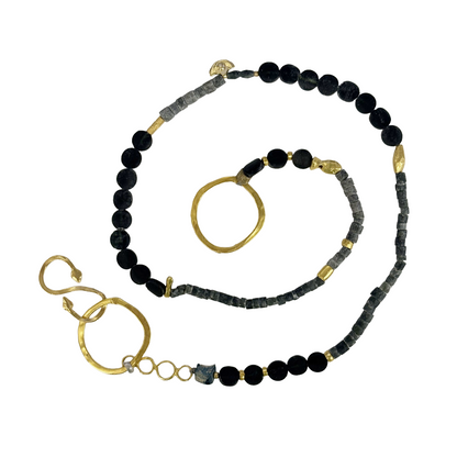 ARTIZ | 'Double Ring Necklace' | Mixed bead / labradorite / glass / bronze