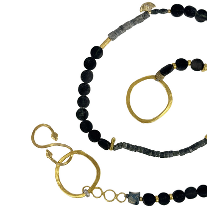 ARTIZ | 'Double Ring Necklace' | Mixed bead / labradorite / glass / bronze