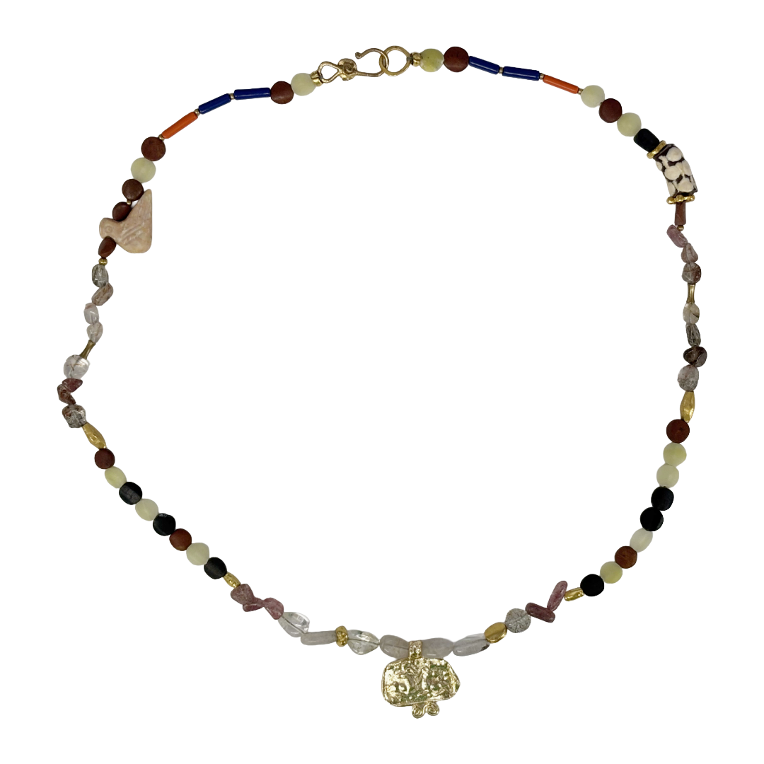 ARTIZ | ‘Beasts Pendant Necklace | Gold-plated Bronze | Mixed beads / jade / amethyst / glass / bronze + african beads