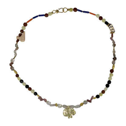 ARTIZ | ‘Beasts Pendant Necklace | Gold-plated Bronze | Mixed beads / jade / amethyst / glass / bronze + african beads