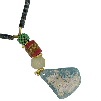 ARTIZ | ‘Blue Glass Pendant Necklace I’ | Labradorite  / pearls / bronze and mixed stone beads