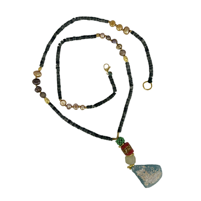 ARTIZ | ‘Blue Glass Pendant Necklace I’ | Labradorite  / pearls / bronze and mixed stone beads