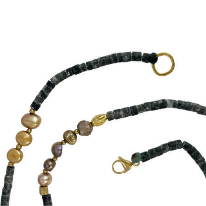 ARTIZ | ‘Blue Glass Pendant Necklace I’ | Labradorite  / pearls / bronze and mixed stone beads