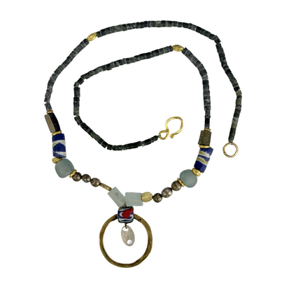ARTIZ | 'Ring + Glass Pendant Necklace' | Bronze charm | Labradorite / glass + gemstone beads