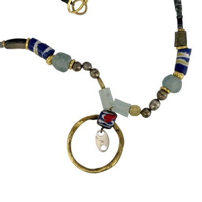ARTIZ | 'Ring + Glass Pendant Necklace' | Bronze charm | Labradorite / glass + gemstone beads