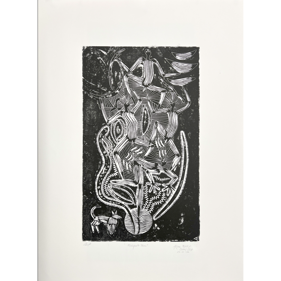 ARONE MEEKS | 'Mosquito Men' | 2006 | Linocut | Black ink | Matrix: 530 x 320 x  mm