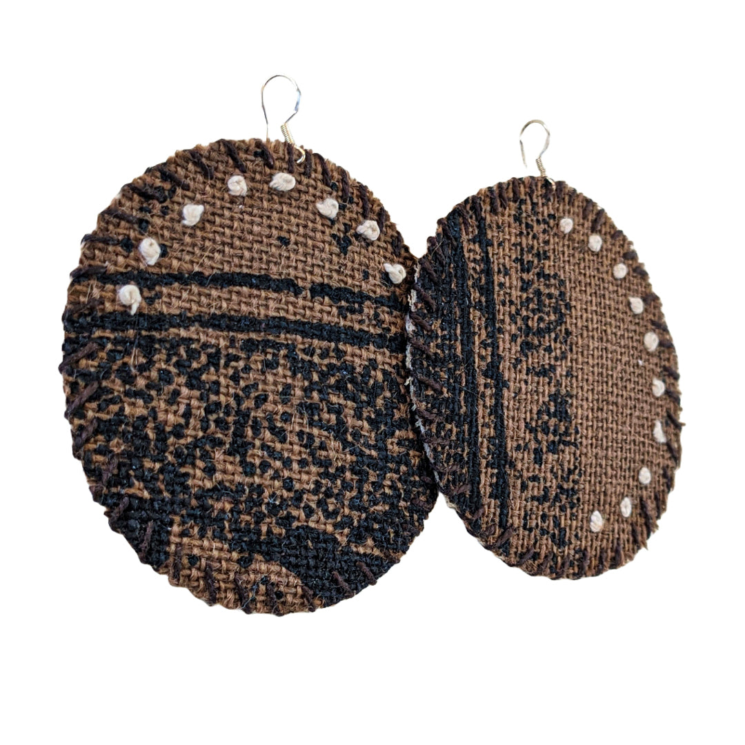 MUM’A NAI | 'Hessian Vibes Collection: Earrings' | Screen printed up-cycled cotton embroidery / sterling silver hooks