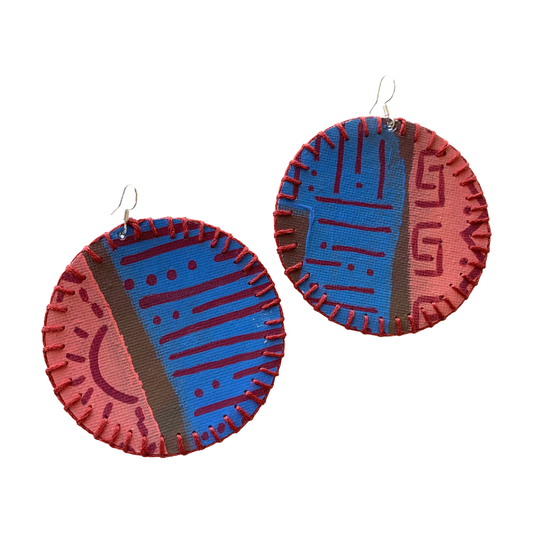 MUM’A NAI | ‘Colossal Charms – Tribal Love #1’ | Upcycled blue cotton material / acrylic on canvas / fuchsia cotton embroidery / sterling silver hooks | 7 (d) cm