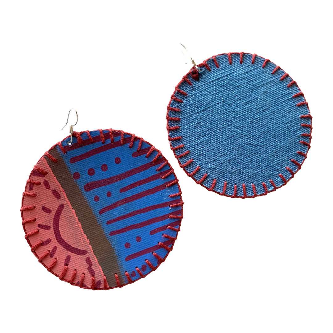 MUM’A NAI | ‘Colossal Charms – Tribal Love #1’ | Upcycled blue cotton material / acrylic on canvas / fuchsia cotton embroidery / sterling silver hooks | 7 (d) cm