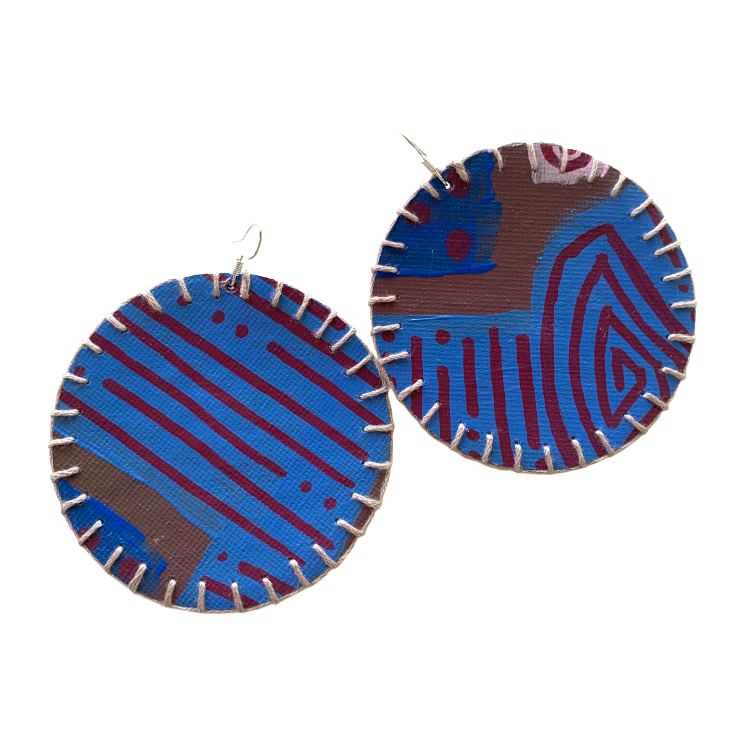 MUM’A NAI | ‘Colossal Charms – Tribal Love #2’ | Upcycled blue cotton material / acrylic on canvas / grey cotton embroidery / sterling silver hooks | 7 (d) cm