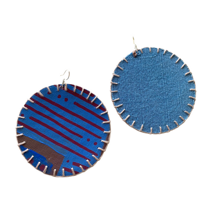 MUM’A NAI | ‘Colossal Charms – Tribal Love #2’ | Upcycled blue cotton material / acrylic on canvas / grey cotton embroidery / sterling silver hooks | 7 (d) cm