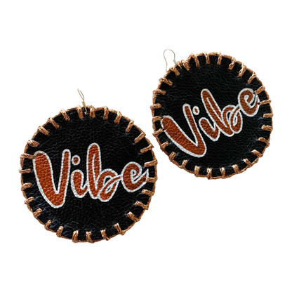 MUM’A NAI | ‘Maxi Attraction – Vibe #1’ | Upcycled mustard corduroy / acrylic on black leather / sparkle copper embroidery / sterling silver hooks | 8 (d) cm