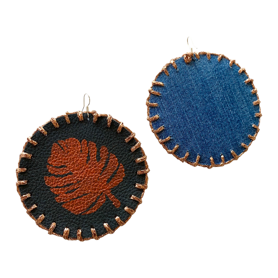 MUM’A NAI | ‘Maxi Attraction – Tropics #1’’ | Upcycled denim / acrylic on black leather with sparkle copper embroidery / sterling silver hooks | 8 (d) cm