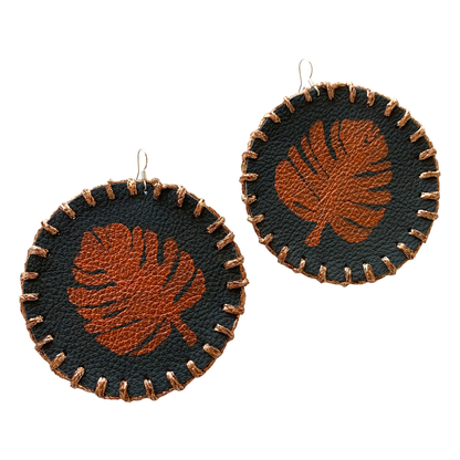 MUM’A NAI | ‘Maxi Attraction – Tropics #1’’ | Upcycled denim / acrylic on black leather with sparkle copper embroidery / sterling silver hooks | 8 (d) cm