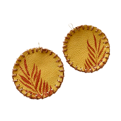 MUM’A NAI | ‘Maxi Attraction – Tropics #2 | Upcycled mustard corduroy / acrylic on yellow leather / sparkle copper embroidery / sterling silver hooks | 8 (d) cm