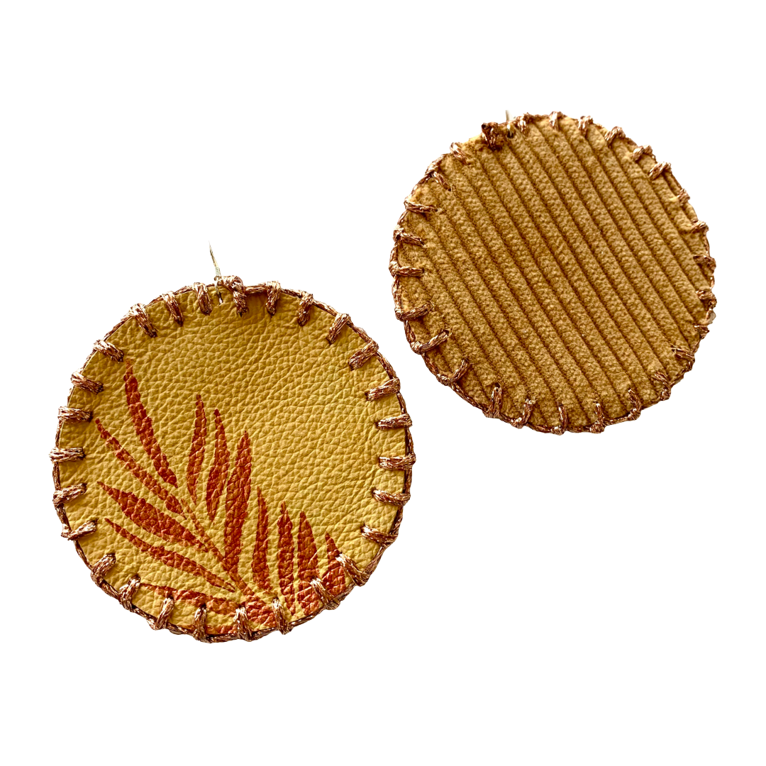 MUM’A NAI | ‘Maxi Attraction – Tropics #2 | Upcycled mustard corduroy / acrylic on yellow leather / sparkle copper embroidery / sterling silver hooks | 8 (d) cm