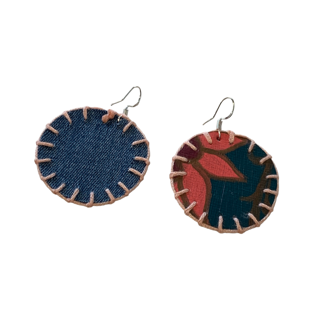 MUMA' NAI | Midi Bling – Romance Me #2 | Upcycled denim and acrylic on canvas with baby pink cotton embroidery and sterling silver hooks | 4 (d) cm