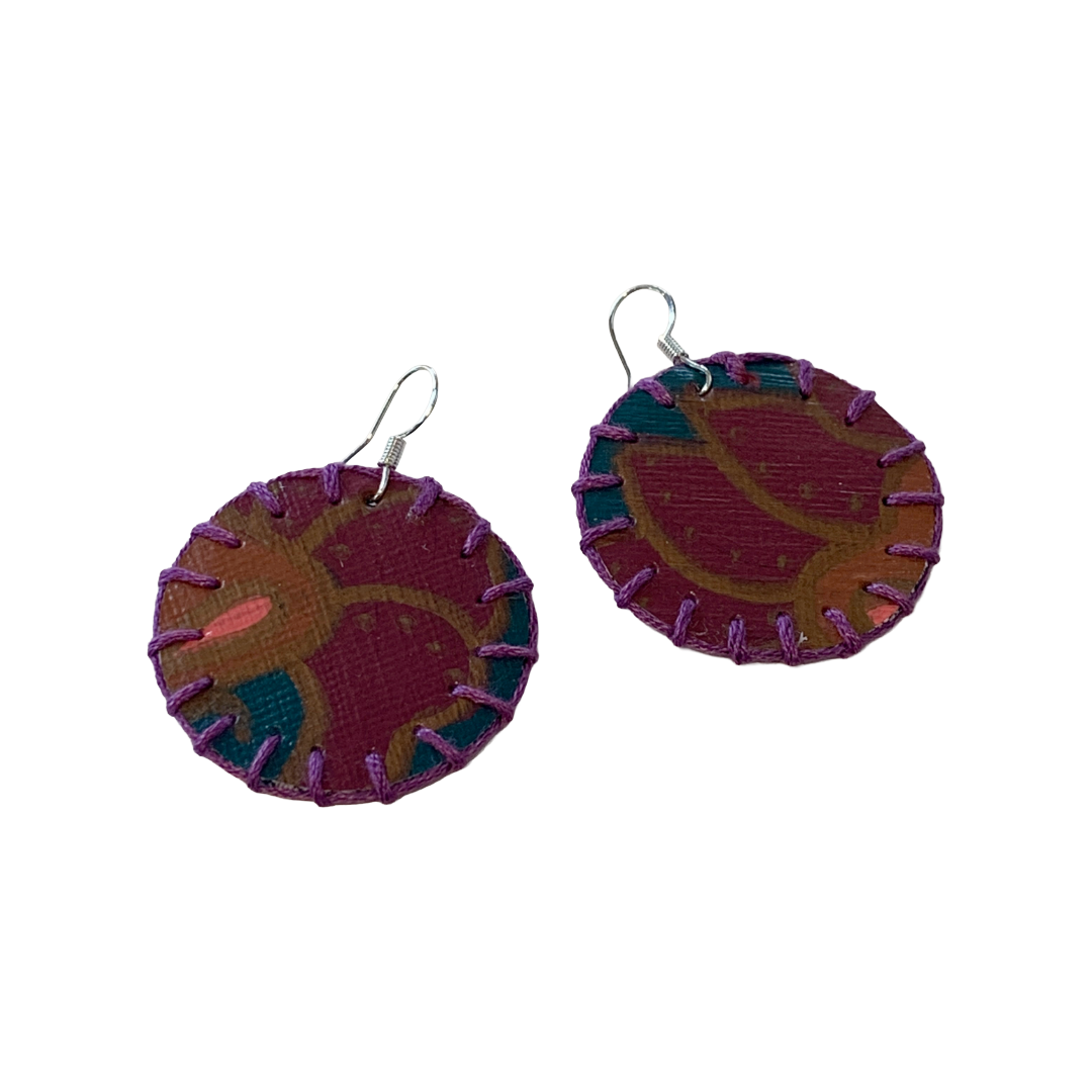 MUM'A NAI | Midi Bling – Romance Me #4 | Upcycled denim and acrylic on canvas with purple cotton embroidery and sterling silver hooks | 4 (d) cm