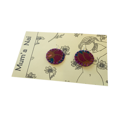 MUM'A NAI | Midi Bling – Romance Me #4 | Upcycled denim and acrylic on canvas with purple cotton embroidery and sterling silver hooks | 4 (d) cm