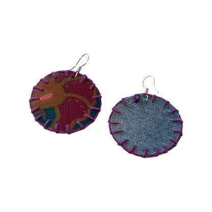 MUM'A NAI | Midi Bling – Romance Me #4 | Upcycled denim and acrylic on canvas with purple cotton embroidery and sterling silver hooks | 4 (d) cm