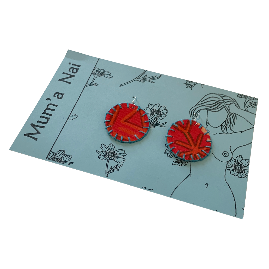 MUM'A NAI | Midi Bling – Effervescent #1 | Upcycled denim and acrylic on canvas with blue cotton embroidery and sterling silver hooks | 4 (d) cm