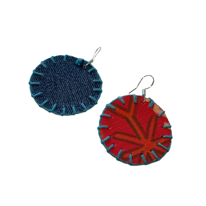 MUM'A NAI | Midi Bling – Effervescent #1 | Upcycled denim and acrylic on canvas with blue cotton embroidery and sterling silver hooks | 4 (d) cm