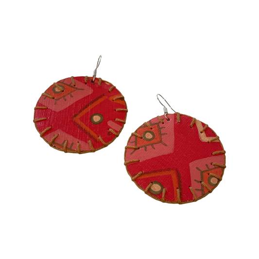 MUM'A NAI | Adored Discoid – Effervescent #1 | Upcycled denim and acrylic on canvas with mustard cotton embroidery and sterling silver hooks | 5 (d) cm