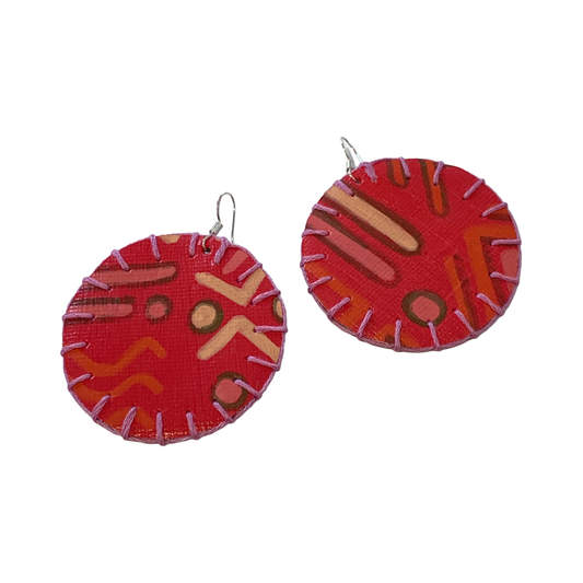 MUMA' NAI | Adored Discoid – Effervescent #3 | Upcycled denim and acrylic on canvas with pink cotton embroidery and sterling silver hooks | 5 (d) cm