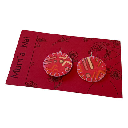 MUMA' NAI | Adored Discoid – Effervescent #3 | Upcycled denim and acrylic on canvas with pink cotton embroidery and sterling silver hooks | 5 (d) cm