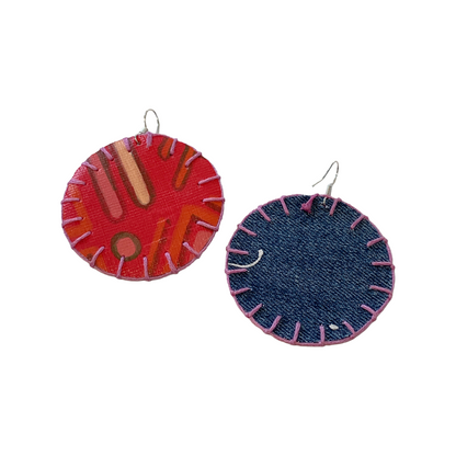 MUMA' NAI | Adored Discoid – Effervescent #3 | Upcycled denim and acrylic on canvas with pink cotton embroidery and sterling silver hooks | 5 (d) cm