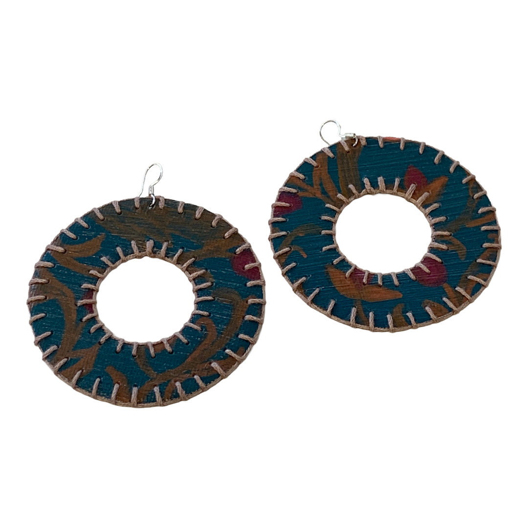 MUM'A NAI | Dazzling Donuts – Romance Me #3 | Upcycled denim and acrylic on canvas with grey cotton embroidery and sterling silver hooks | 7 (d) cm