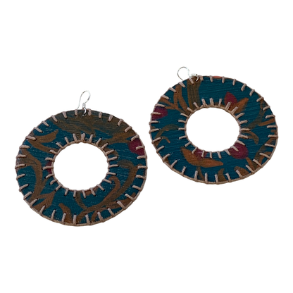 MUM'A NAI | Dazzling Donuts – Romance Me #3 | Upcycled denim and acrylic on canvas with grey cotton embroidery and sterling silver hooks | 7 (d) cm