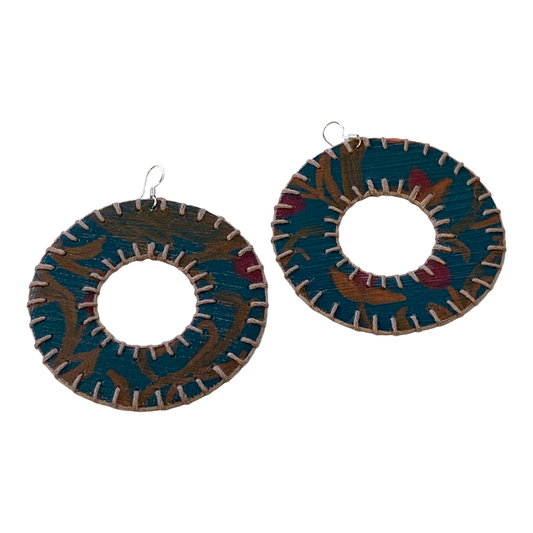 MUM'A NAI | Dazzling Donuts – Romance Me #3 | Upcycled denim and acrylic on canvas with grey cotton embroidery and sterling silver hooks | 7 (d) cm