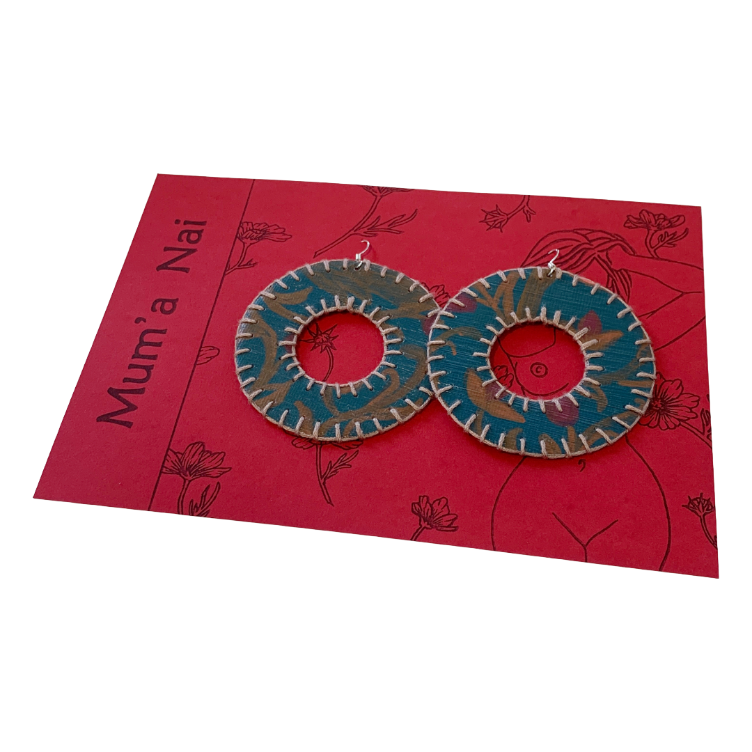 MUM'A NAI | Dazzling Donuts – Romance Me #3 | Upcycled denim and acrylic on canvas with grey cotton embroidery and sterling silver hooks | 7 (d) cm