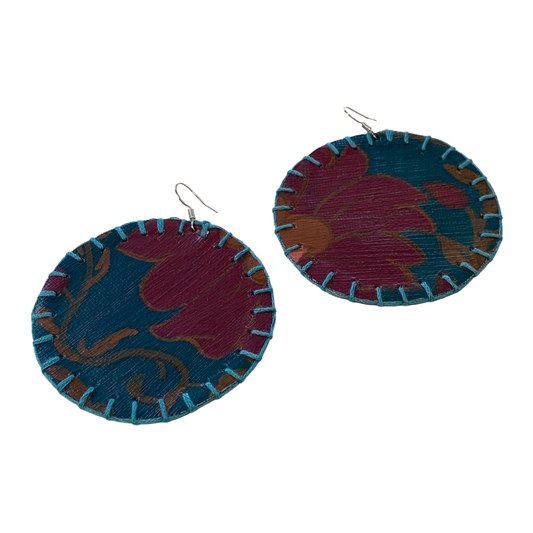 MUM'A NAI | Colossal Charms – Romance Me #2 | Upcycled denim and acrylic on canvas with blue cotton embroidery and sterling silver hooks | 7 (d) cm