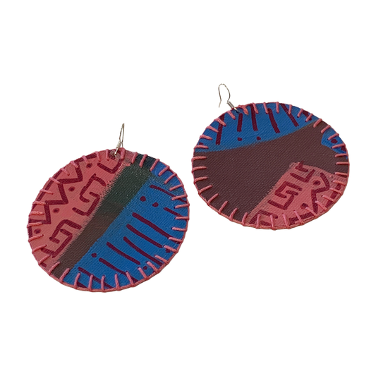 MUM'A NAI | Colossal Charms – Tribal Love #3 | Upcycled denim and acrylic on canvas with pink cotton embroidery and sterling silver hooks | 7 (d) cm