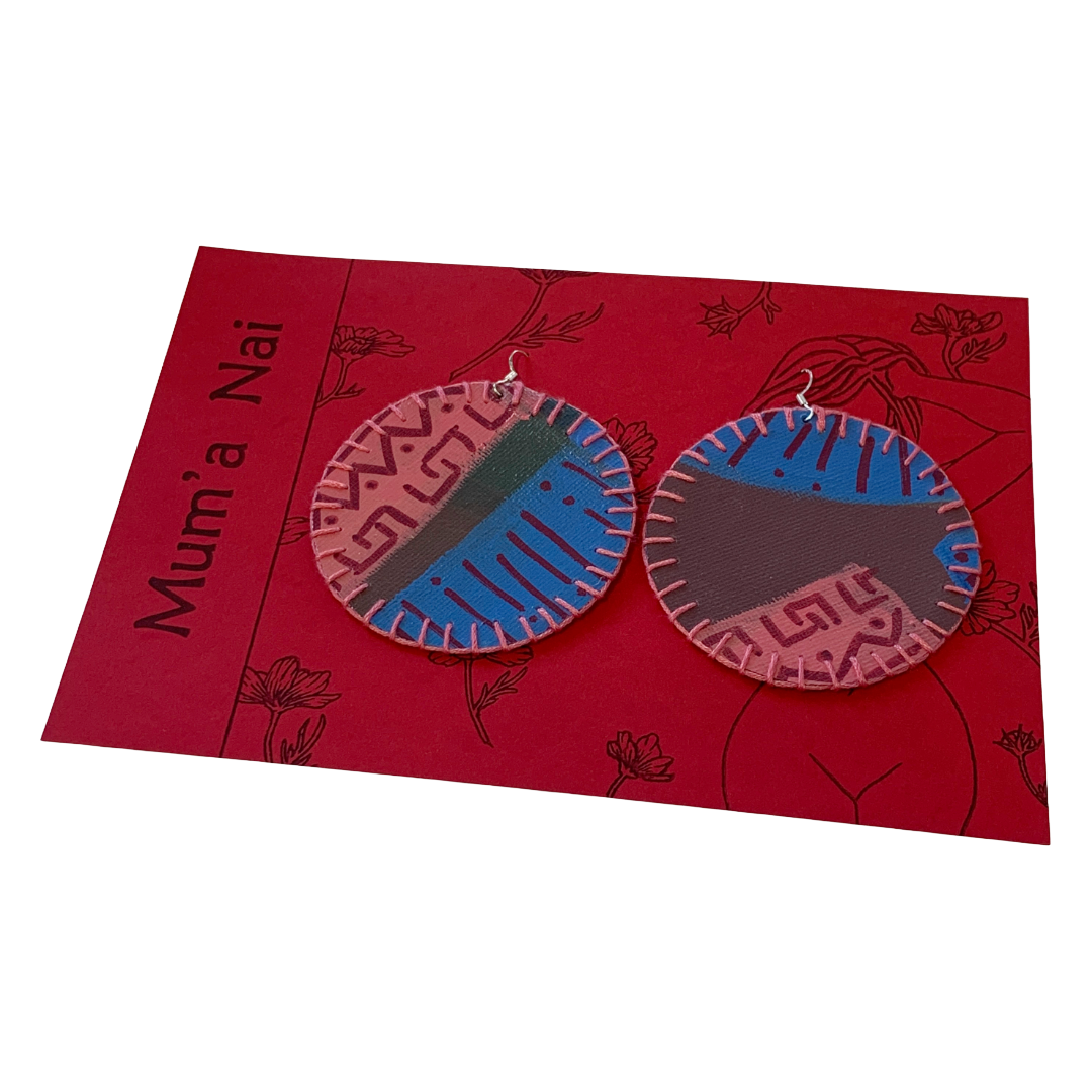 MUM'A NAI | Colossal Charms – Tribal Love #3 | Upcycled denim and acrylic on canvas with pink cotton embroidery and sterling silver hooks | 7 (d) cm